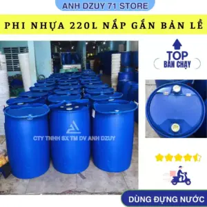 Thùng phi nhựa 220L sạch đựng nước cắt nắp sẵn gắn bản lề, thùng nhựa xanh dày dặn