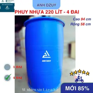 Thùng phi nhựa xanh 220 lít 4 đai-Đã qua sử dụng, mới 85%, đẹp, bền, nhiều công dụng