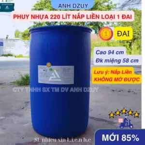 Thùng Phuy Nhựa Nắp Liền 220L 1 Đai - Mới 85% Siêu Bền - Thùng Phi Màu Xanh Dương, Nắp Kín Đựng Nước
